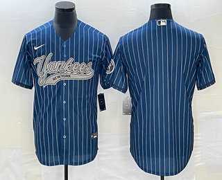 Men%27s New York Yankees Big Logo Navy Blue Pinstripe Cool Base Stitched Baseball Jersey
